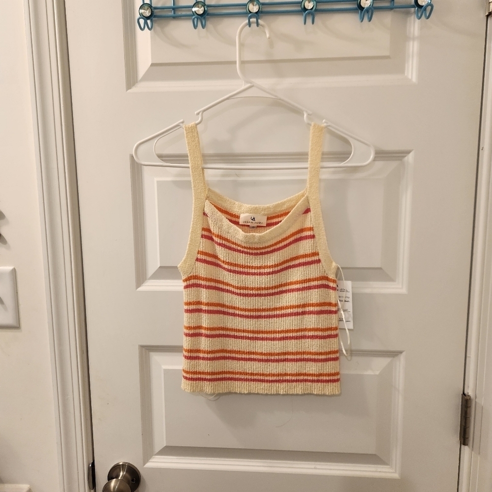 Womens Knit‎ Crop Tank Top Striped Beige Pink Size S NWT Bygones #F198